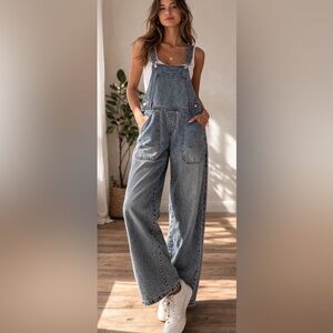 Zara Light Wash Denim Wide-Leg Overalls
